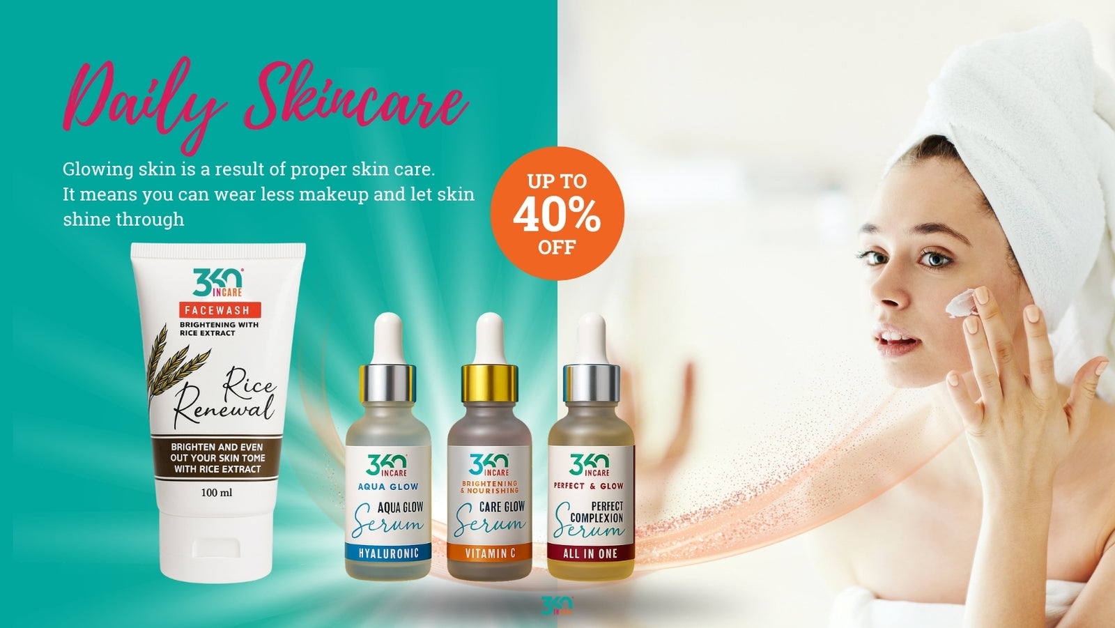 Cosmetic products with a woman applying cream, promotional text about daily skincare and discounts.